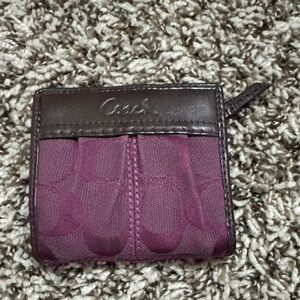 Coach Plum Signature Compact Zip Wallet with Brown Leather Trim
